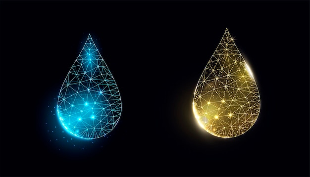 Set of water drop and water molecule. Low poly style design. Isolated on dark background. Vector illustration