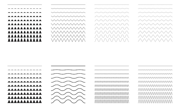 Set of wavy - curvy and zigzag - criss cross horizontal lines.