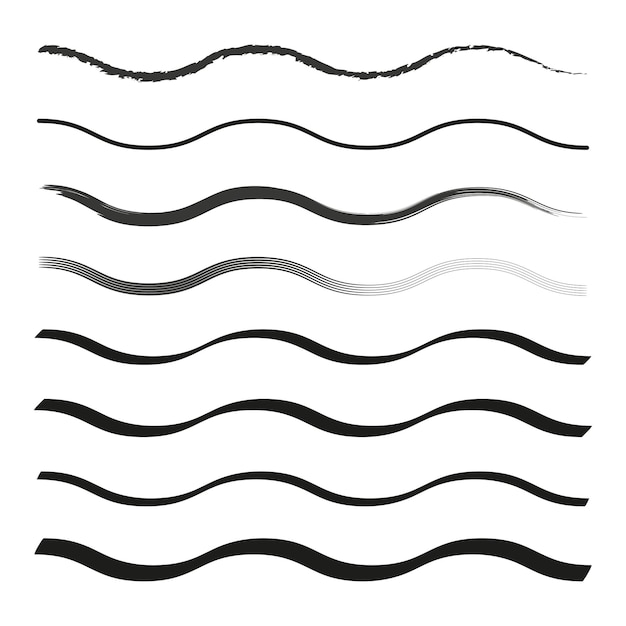Set of wavy lines Black and white abstract waves Various thicknesses Minimalist vector art