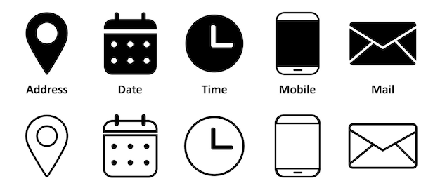 Set of web icons and badges Icon of location or address notification or email icon of stopwatch