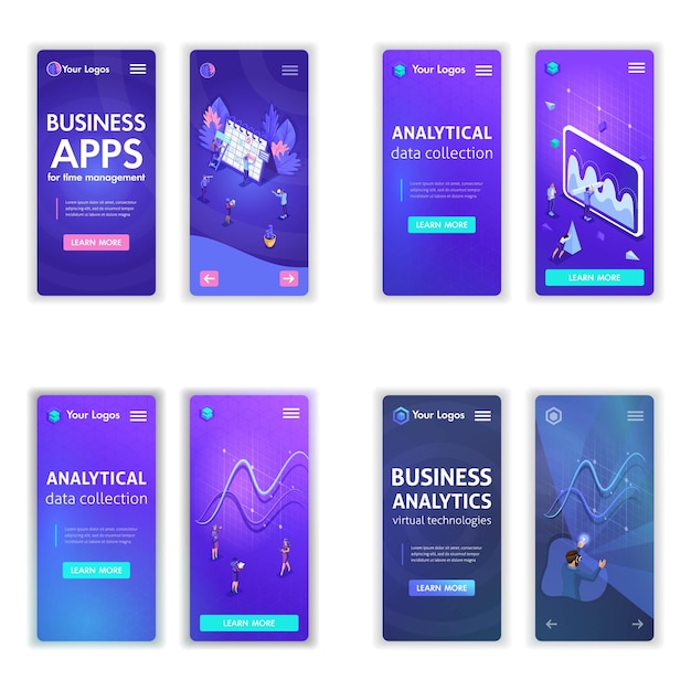 Set of Website templates, for business technologies, analytics, apps, time management. Vector illustration concepts for website and mobile, isolated background.