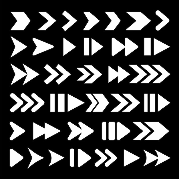 Set of white arrow icons on a black background Various arrow designs including straight curved