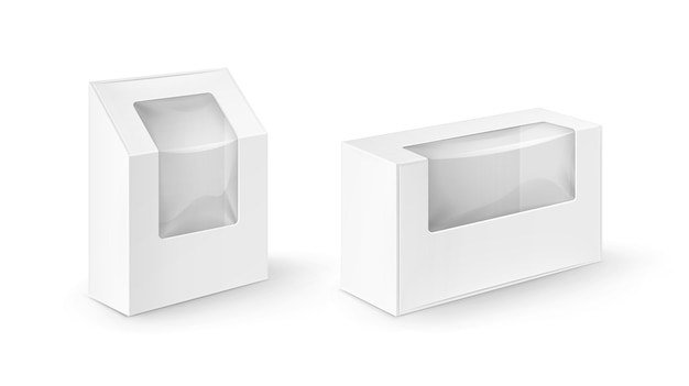 Set of White Blank Cardboard Rectangle Take Away Boxes Packaging For Sandwich, Food, Gift, Other Products with Plastic Window Mock up Close up Isolated on White Background