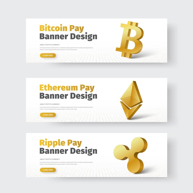 Set of white horizontal banners with gold 3d icon of ripple, bitcoin and Ethereum.