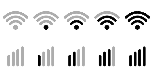 Set of WiFi and cellular signal strength icons in increasing levels from low to full