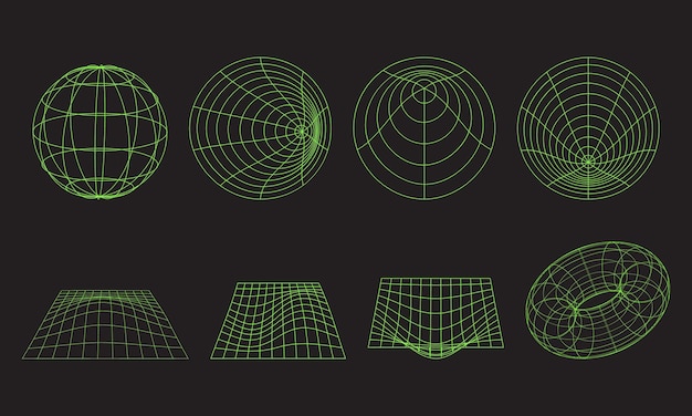 Set of wireframe geometric shapes in different shapes on black background