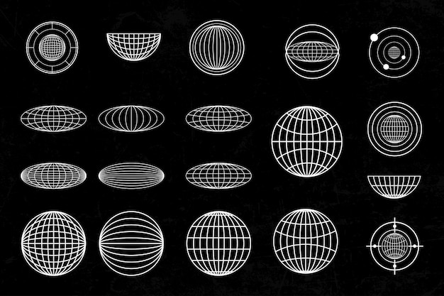 Set of Wireframe globe Sphere and Orbital Designs on Black Background