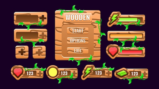 set of wooden nature game ui kit board pop up interface, bar, additional panel, and gui