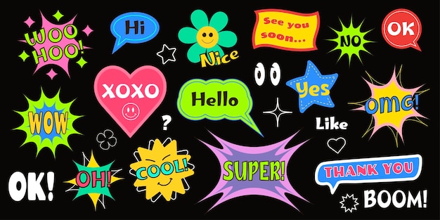 Set of Y2K colorful cartoon speech bubbles on black background