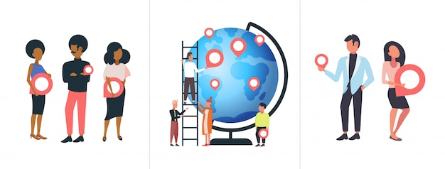 set people holding geo pin tag pointer  men women with location marker gps navigation business position concepts collection  full length horizontal  illustration