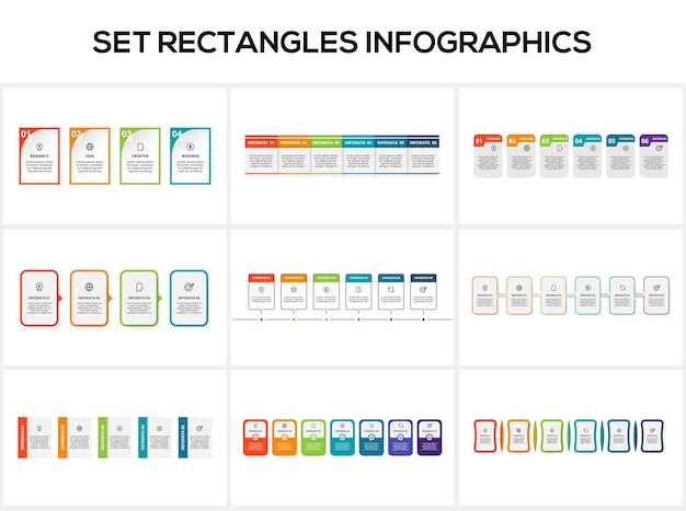 Set rectangles infographics with 4 5 6 7 steps options parts or processes Business data visualization