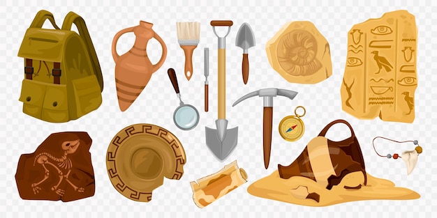 set with archeology ancient artifacts on transparent background with isolated images of historical remains and tools vector illustration