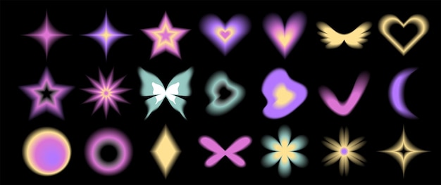 set y2k aura blurred heart butterfly and stars with aura in trendy style y2k