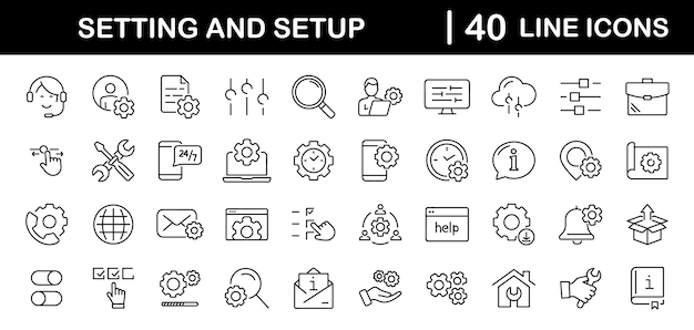 Settings and setup set of web icons in line style Setup icons for web and mobile app Settings installation maintenance update download configuration options control Vector illustration