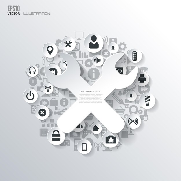 Settings repair icon flat abstract background with web icons interface symbols cloud computing