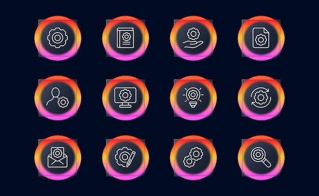 Settings set icon Gear control slider dropdown menu laptop hand magnifier phone head arrow download fix repair construction hardware software Technology concept Glassmorphism