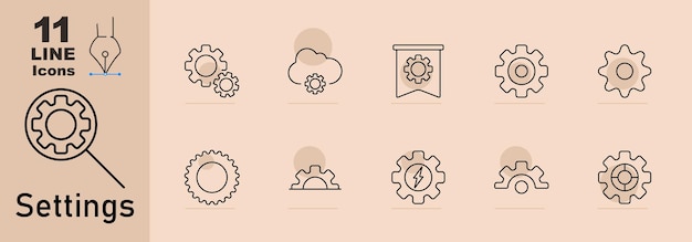 settings set icon gear magnifier large and small gear cloud banner isolated gear power gear half cog lightning mechanical