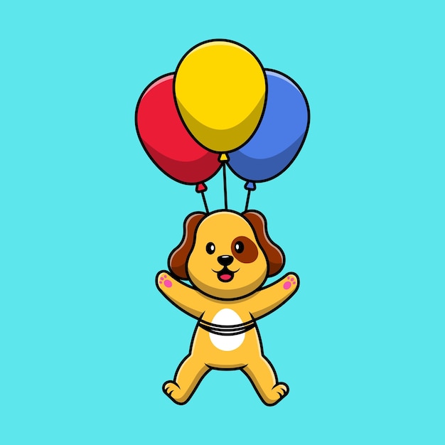Sevimli Köpek Balonla Yüzen Çizgi Film Vektör Simgeleri İllüstrasyonu