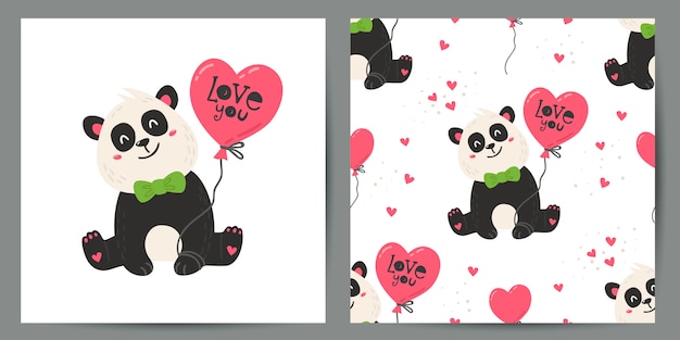 Sevimli panda posteri ve kusursuz desenden oluşan set.