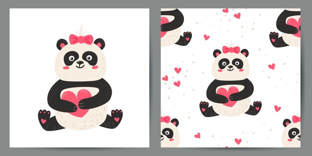 Sevimli panda posteri ve kusursuz desenden oluşan set.