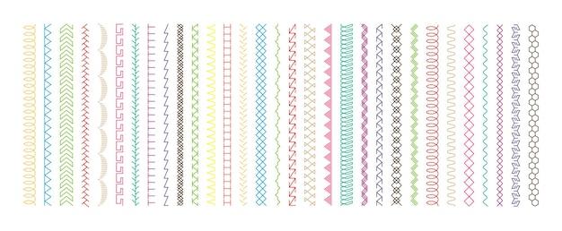 Sew stitch Colorful seamless pattern brush embroidery thread seam fabric sewing machine stitches line border textile seam Needlework Vector set