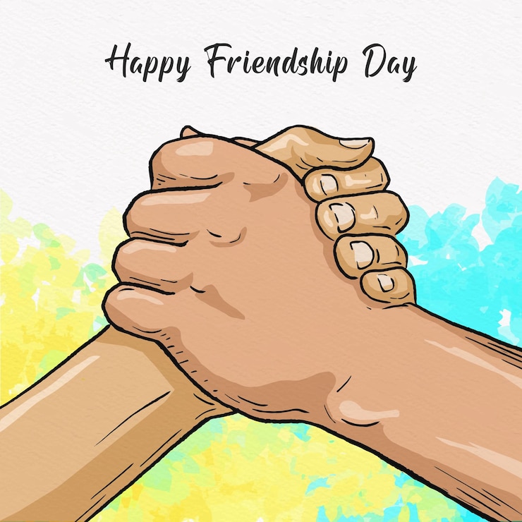Vektör shaking hands on international happy friendship day on colorful abstract watercolor background