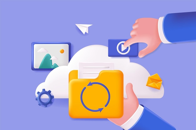 Sharing document concept 3D illustration Icon composition with transfer of files and graphic content using cloud backup creation and open access to user Vector illustration for modern web design