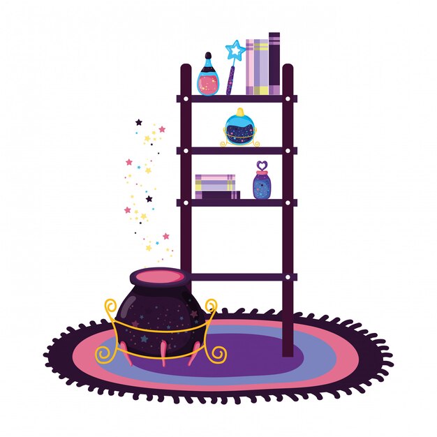 Shelving with magic potion bottles and witch cauldron