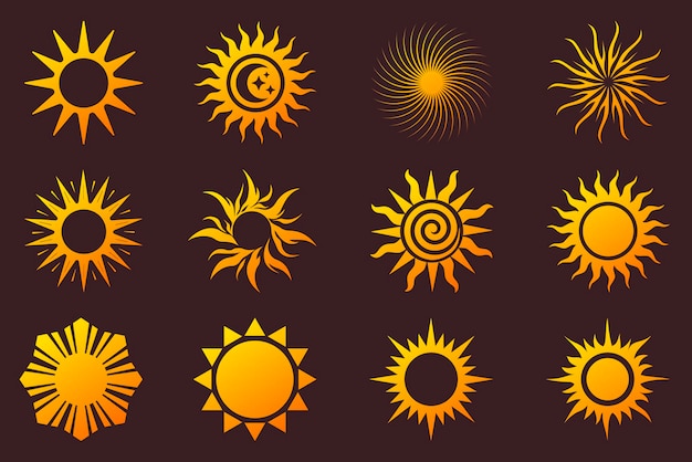Shining sun symbol set Radiant sun icon on a dark background