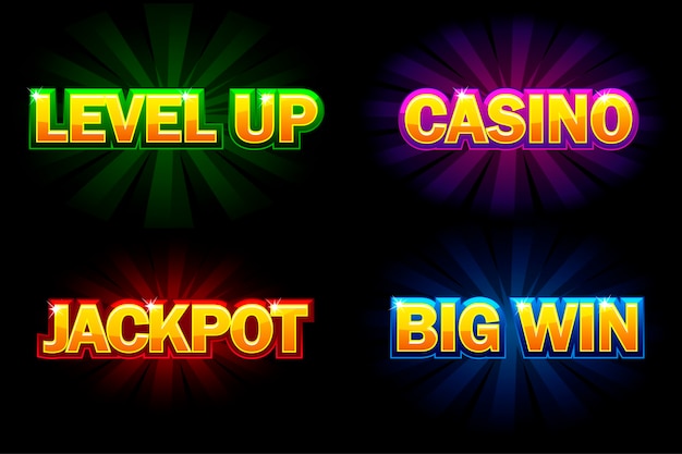  shining text casino, jackpot, big win and level up. icons for casino, slots, roulette and game ui. isolated on a separate layers