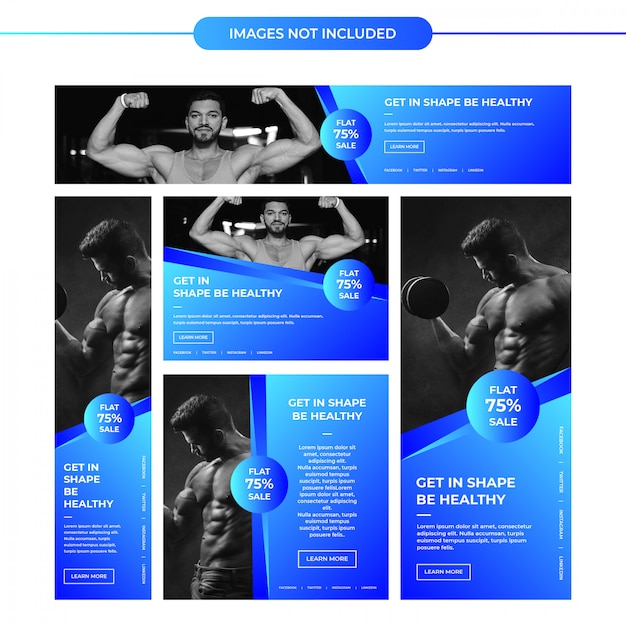 Shiny blue gym ad banners for social media & digital marketing