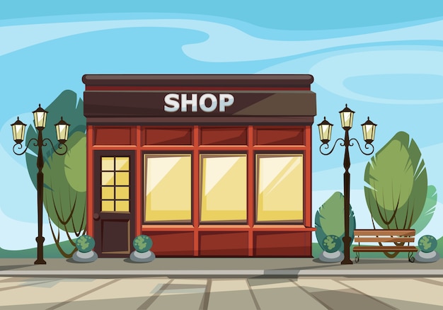 Shop Store with Windows, Greenery, Lanterns