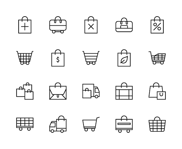 Shopping bag and basket vector linear icons set Contains such icons as package handbag shopping bag shopping cart and more