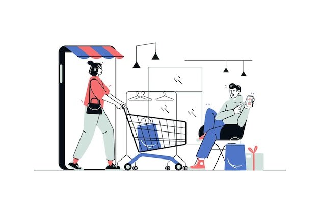 shopping concept in flat line design man orders and buying goods in mobile application woman makes