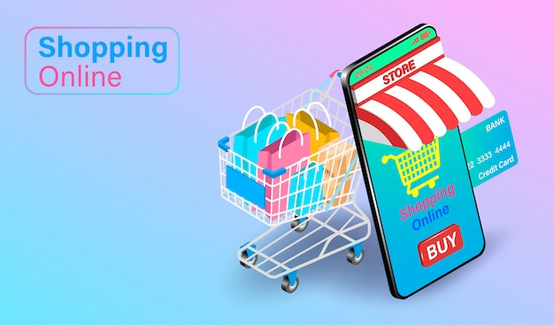 Shopping online on smartphone with credit card. Shopping cart with bags on the side. isometric flat  design