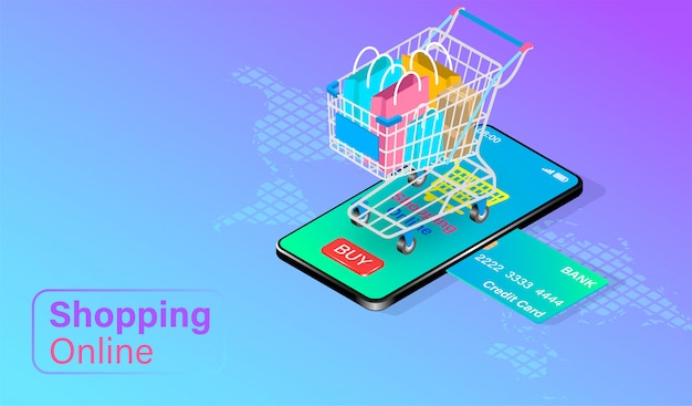Shopping online on smartphone with credit card with Shopping cart with bags on top. isometric flat   design