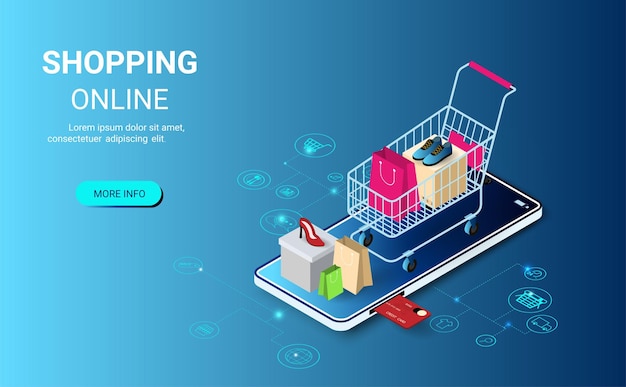 Shopping Online on Website or Mobile Application Cart with bags standing on mobile Modern marketing and Digital marketing Concept for website and banner Isometric vector illustration