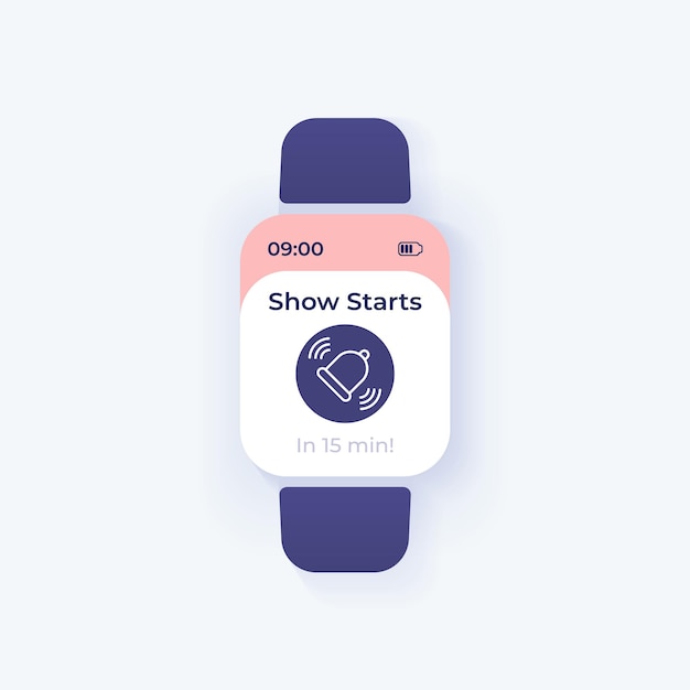 Show start warning smartwatch interface vector template. Mobile app notification day mode design. Reminding message screen. Flat UI for application. Ringing bell on smart watch display.