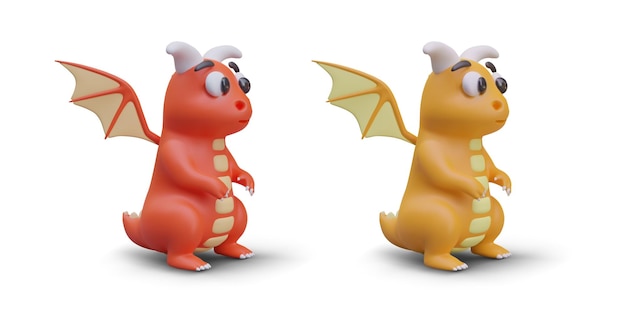 side view on cute little dragons chinese red and orange dragons set