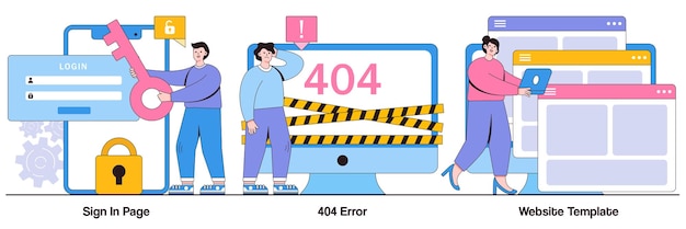 Sign in page 404 error website template concept with people character Website page interface vector illustration set User login form UI new account registration landing page web design
