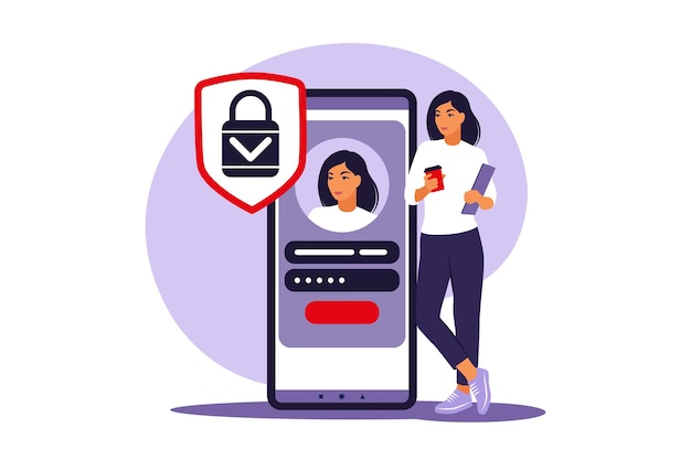 Sign up concept. Young woman signing up or login to online account on smartphone app. Secure login and password.   illustration. Flat.