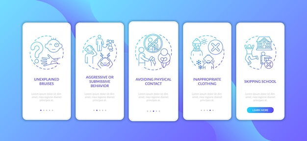 Signs of child abuse and neglect dark blue onboarding mobile app page screen with concepts. Kids harassment walkthrough five steps graphic instructions. UI  template with color illustrations