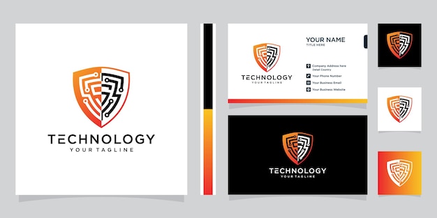 Sikkerhedslogo teknologi til din virksomhed, skjold logo til sikkerhedsdata og visitkort Premium Vector