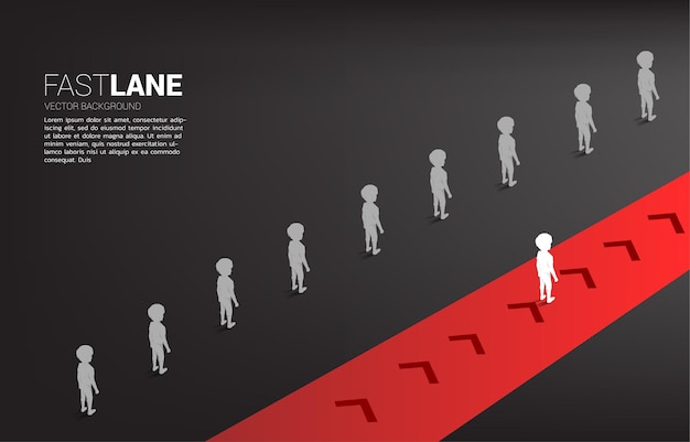 Silhouette boy standing on fast lane is move faster than group on queue