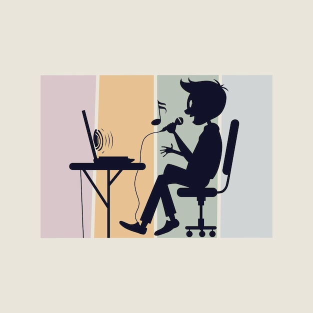 Silhouette of a person with a microphone and laptop on a desk colorful striped background