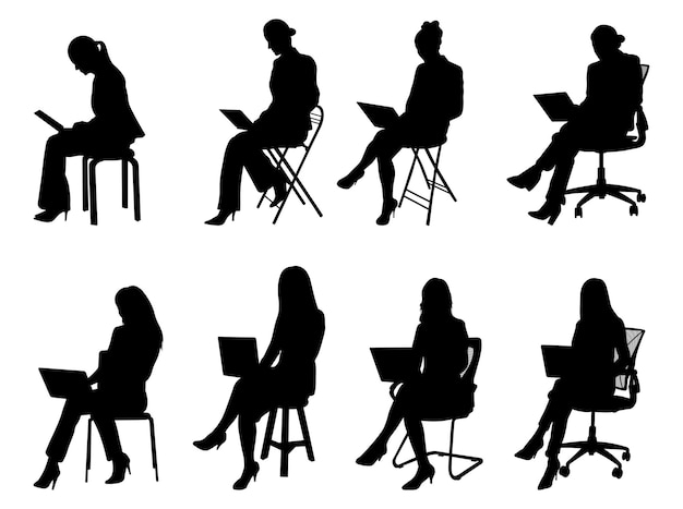 Silhouette of a woman entrepreneur working remotely with a laptop while seated on a chair isolated