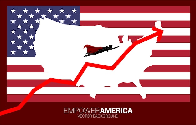 Silhouette of businessman flying with background USA flag and map. Business Concept for start up in united states.