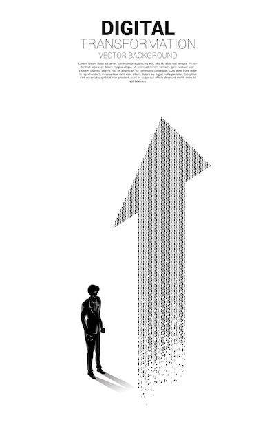 silhouette of businessman standing with the arrow from pixel. banner of digital transformation of business.
