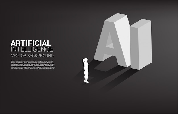 silhouette of businesswoman standing with ai text 3d. business concept for machine learning and a.i artificial intelligence