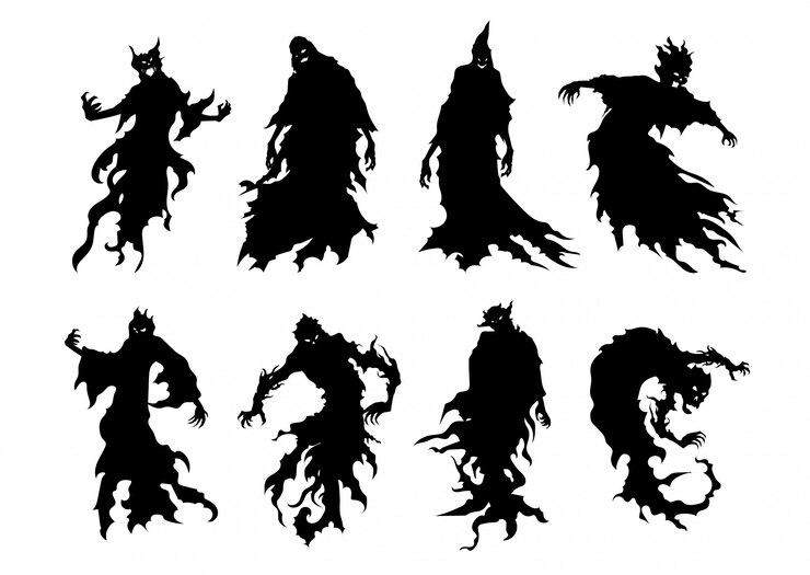 Silhouette of flying evil spirit in style collection isolated on white. 